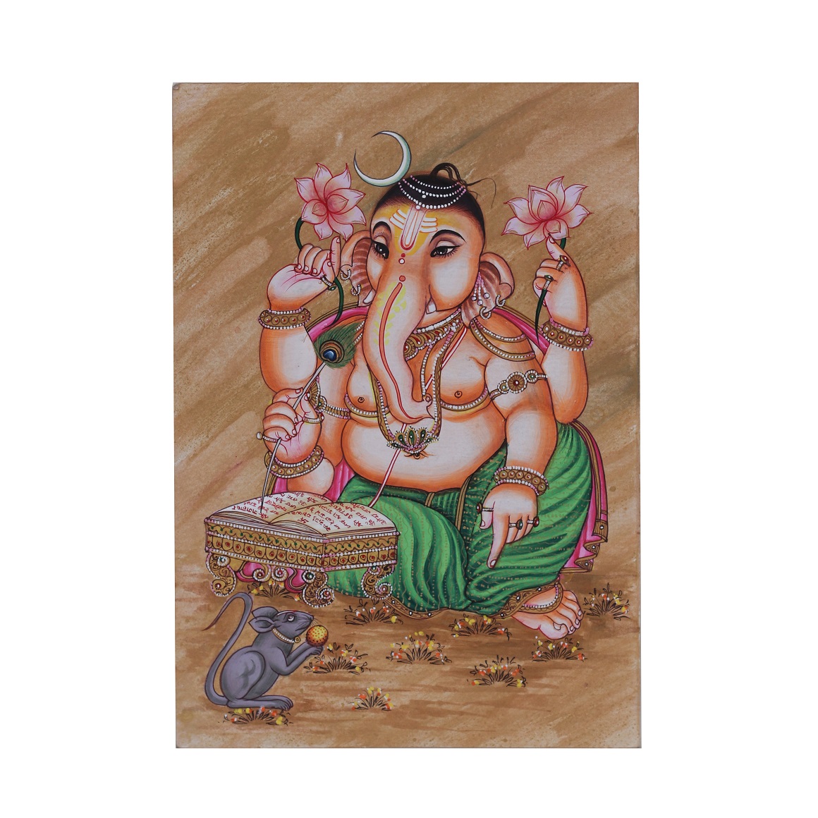 Vidya Ganesha Writing Sacred Scripture Divine Painting – Traditional Spiritual Wall Art